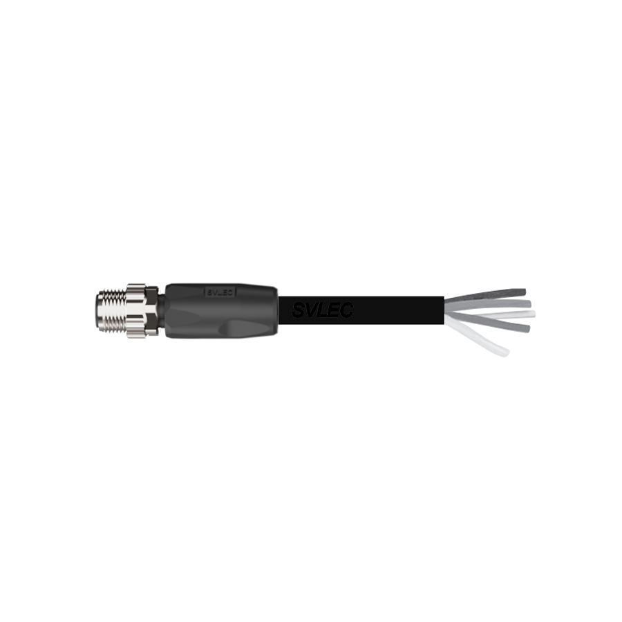 M12L buckle, straight out, 5P male plug, black PUR cable length L meters · SCAC-M12L-MS-5P-PUR-BK-L