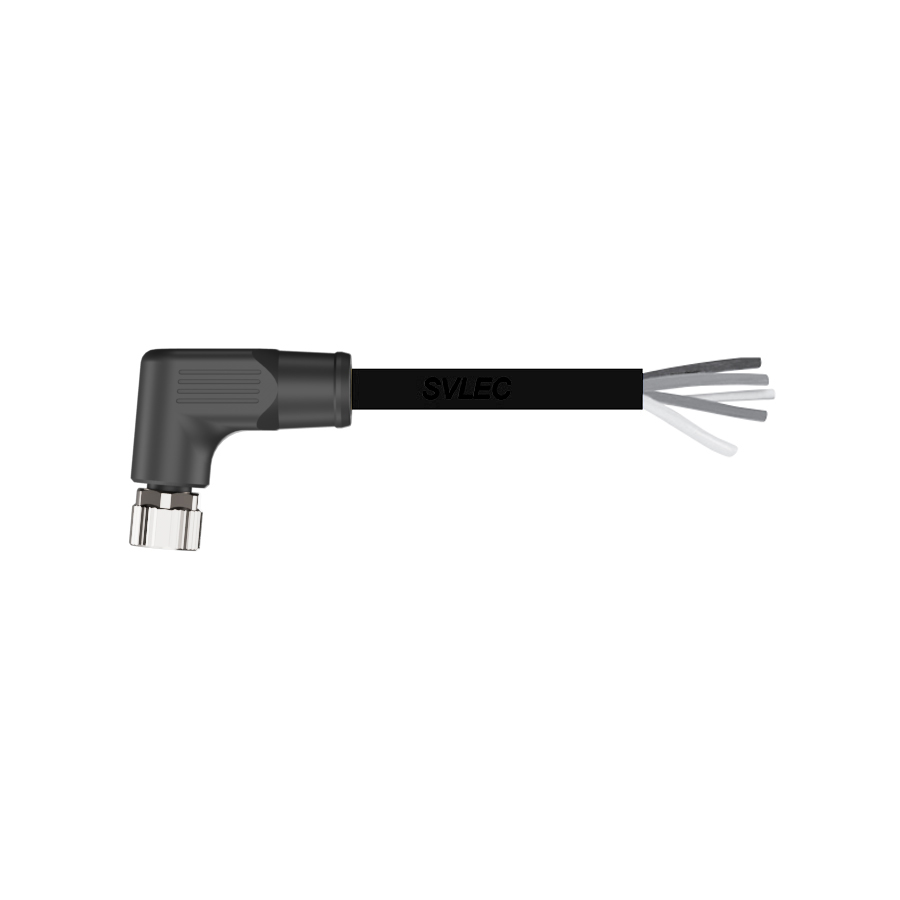 M12L buckle, corner, 5P female plug, black PUR cable length L meters · SCAC-M12L-FR-5P-PUR-BK-L