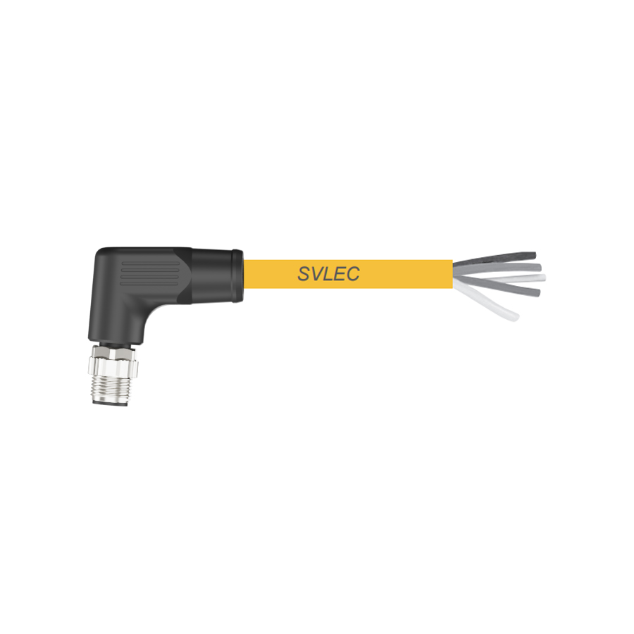 M12-T-Schnalle, einseitig vorgefertigt, 4-poliger Steckerbogen, gelbes PUR-Kabel, Länge L Meter · SCAC-M12T-MR-4P-YE-PUR-L