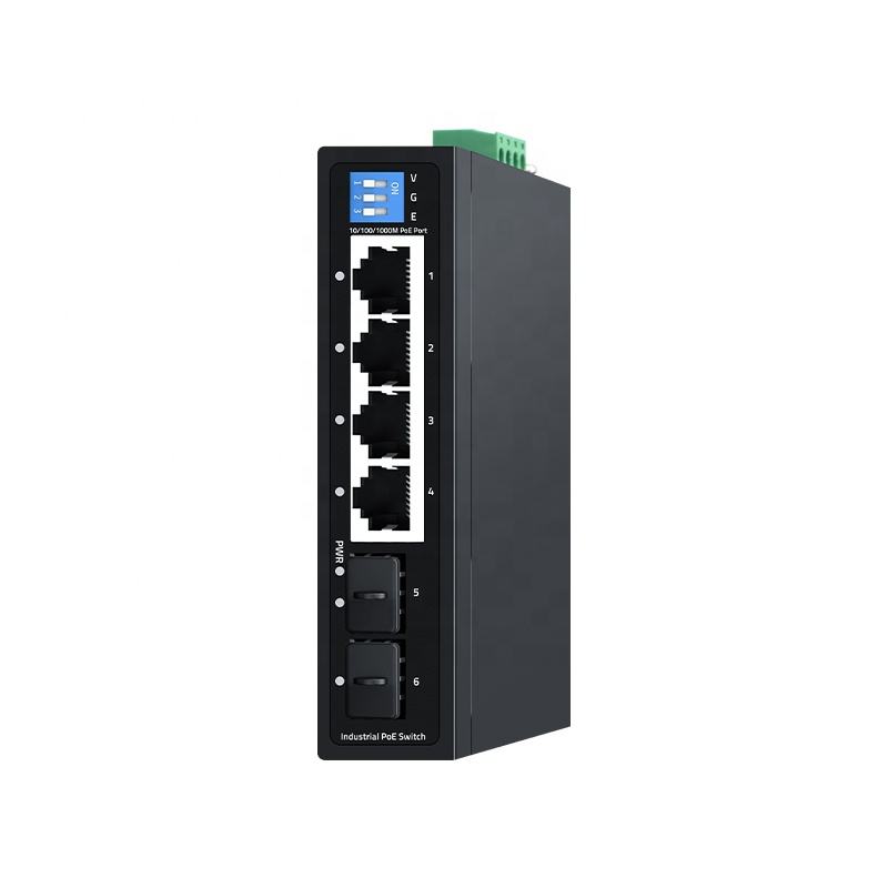 Switch PoE Gigabit con 4 puertos PoE y 2 ranuras SFP, carril DIN, -40 a +75 °C