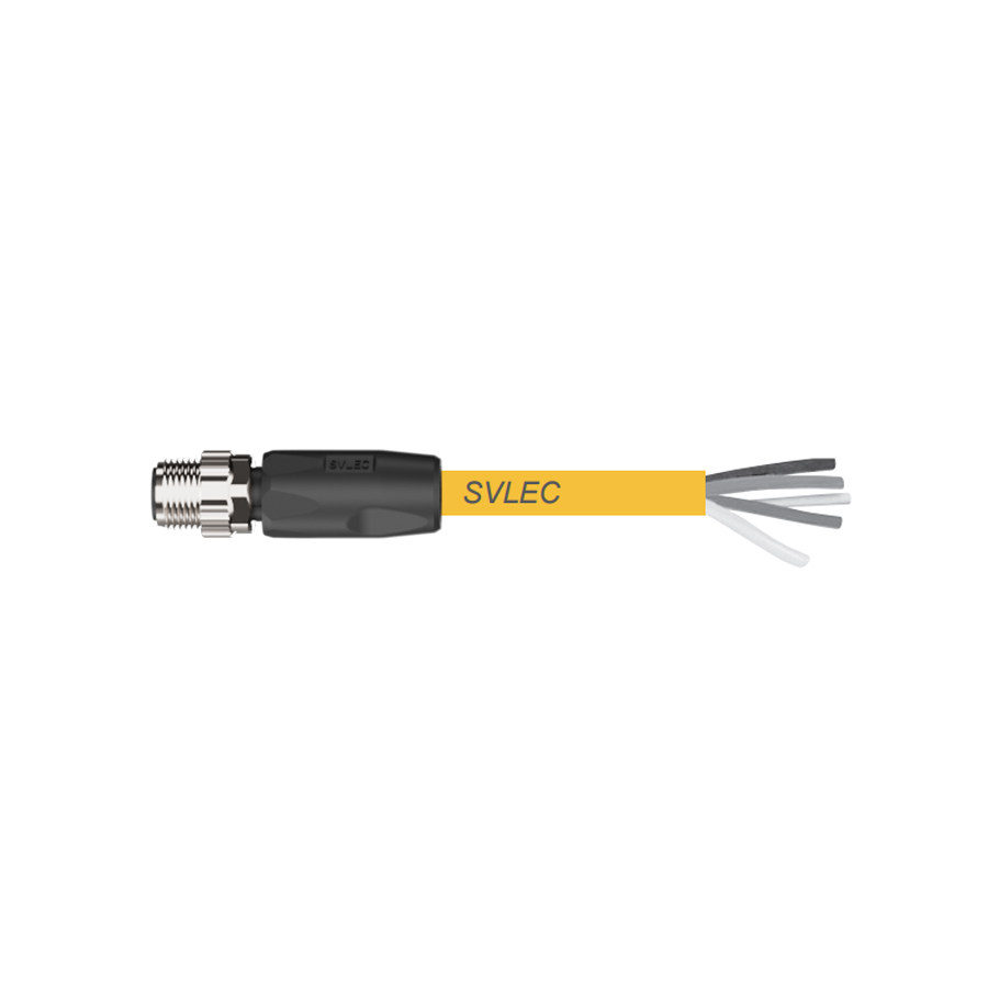 M12 single-ended precast, S-buckle male plug 4-pin, yellow PUR cable length L meters · SCAC-M12-4P-S-coded-MS-YE-PUR-L
